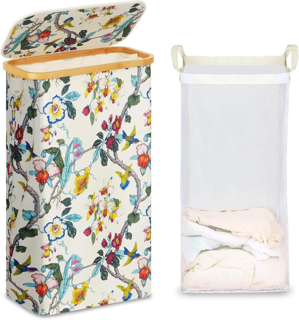 efluky Slim Laundry Basket with Lid, Narrow Laundry Hamper with Removable Bag, Skinny Dirty Clothes Basket with Bamboo Handles for Bathroom, Bedroom & Laundry Room, 75L Floral