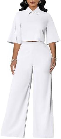 acelyn 2 Piece Pant Sets for Women Dressy 3/4 Sleeve Lapel Neck Top Wide Leg Pantsuits Business Casual Outfits, XL