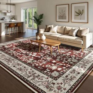 Softlife Washable Rug for Living Room, Non-Slip Rugs for Kitchen, 6x9 Oriental Indoor Mat Under Dinning Table, Mordern Print Home Carpets with Rubber Backing for Kids, Maroon and Beige