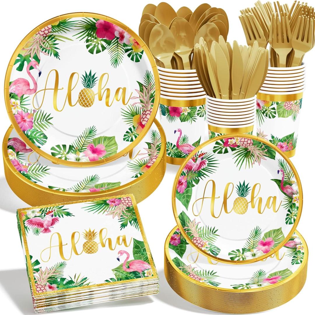 Ecomore Hawaiian Luau Party Decorations Supplies - 175 PCS Aloha Tropical Birthday Disposable Dinnerware Set (25 Guest) Paper Plates Cup Napkin Plastic Fork Knives Spoon for Summer Holiday Beach(Gold)