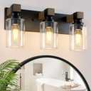 Farmhouse Bathroom Vanity Light Fixtures, Rustic 3-Light Wood Vanity Lights for Bathroom, Vintage Black Wall Sconces Lighting, Light fixtures Over Mirror, with Glass Shade