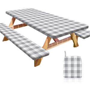 Picnic Table Cover with Bench Covers Portable Table Cloth Built-in Storage Pocket Fitted Tablecloth with Elastic Edges Waterproof Camping Essentials for Indoor Outdoor Rv,72in,Light Grey (72x30in)