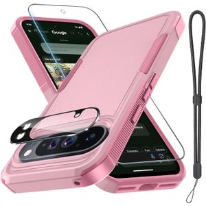 Google Pixel 10 Pro XL Case with Wrist Lanyard Strap+Tempered Glass Screen Protector+Camera Lens Cover,Full Body Heavy Duty Rugged Shockproof Protective Phone Cover,Cute Pink