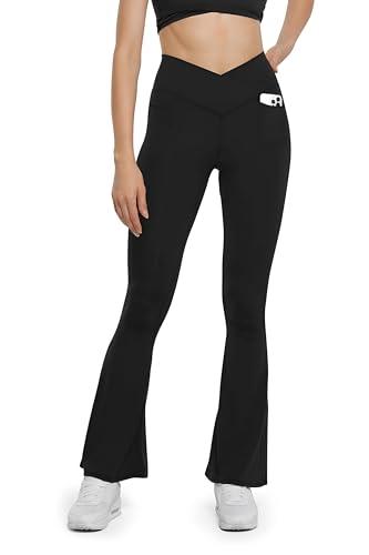 HEGALY Women's Flare Yoga Pants with Pockets - Crossover High Waisted Tummy Control Gym Workout Sweatpants, M
