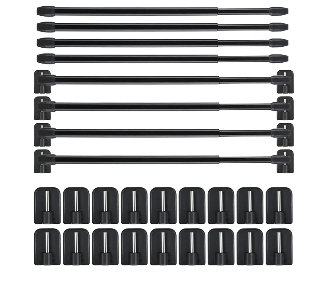 Jetec 8 Pieces Adjustable Plastic Net Curtain Rod 15.7-27.5 Inch Self Adhesive Shower Curtain Rods for Window Cupboard Bars Tension Drill Less Accessories for Home Bathroom Hotel (Black)
