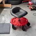 Traxion 2-230 Monster Rolling Padded Mechanic Stool Seat Garage Shop Roller Work Chair with Wheels and Tool Tray, Heavy-Duty 400-lb Capacity, All-Terrain 5" Casters, Black Red