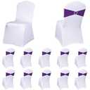 SINSSOWL White Chair Covers 10 and Purple Chair Sashes 10 Pack Fitted Banquet Seat Covers and Chairs Bows Bands for Party Events Wedding Decorations