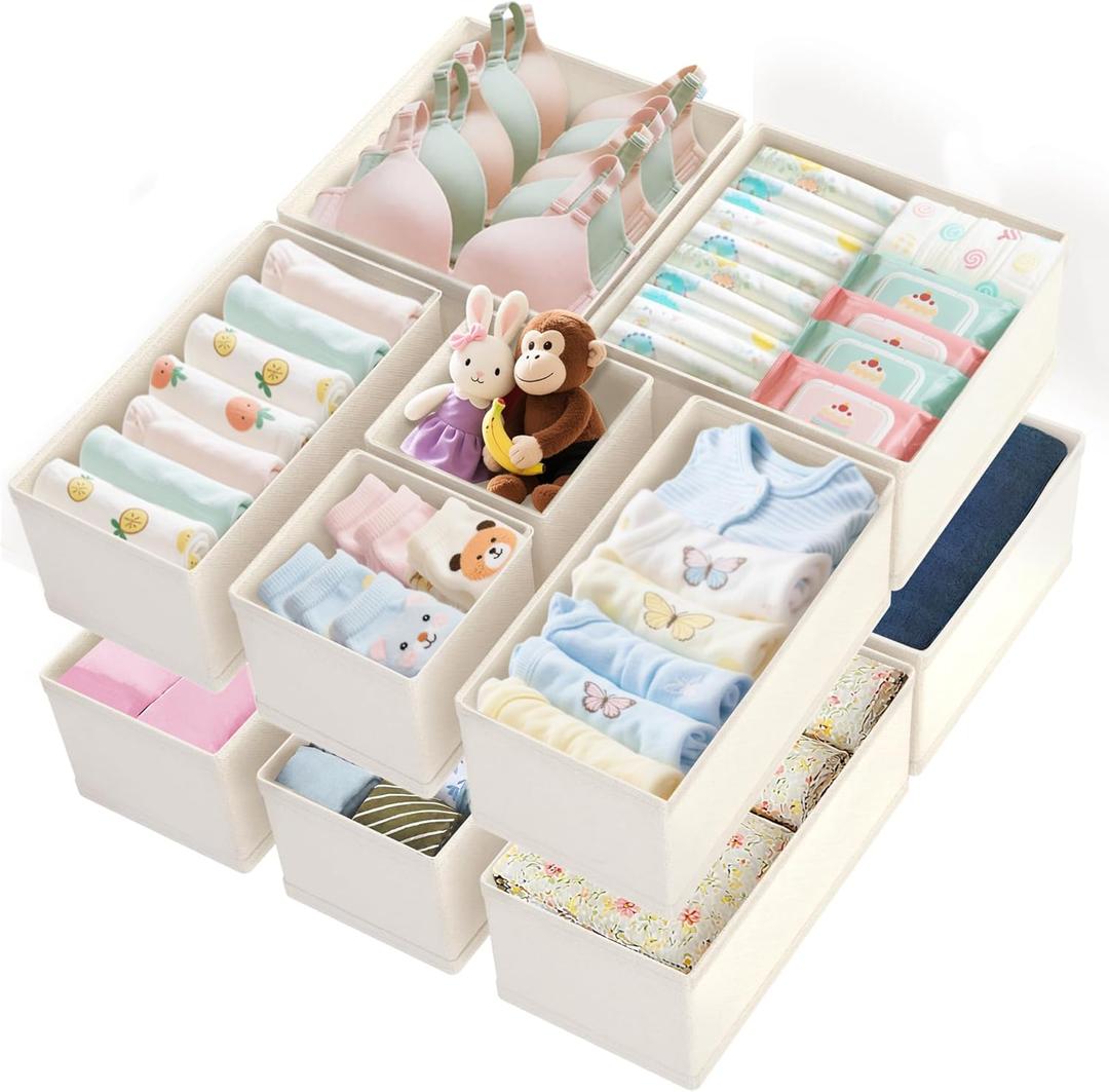 Dorisun Drawer Organizer Clothes 12 Pack, Dresser Closet Organizers For Baby Clothes Underwear, Sock Beige