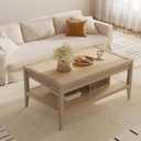 SICOTAS Rattan Coffee Table for Living Room - Boho Rectangular Dining Center Table with 2 -Tiers Rattan Storage Shelf, Farmhouse Accent Table for Living Room, Home Office, Light Oak, 1 Piece, 22.8"D x 37.4"W x 17.9"H