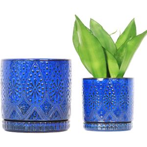 8 Inch + 6 Inch Indoor Plant Pot with Drainage Holes and Saucers, Ceramic Planter for Plants Succulent Orchid Flower Pots (Blue)
