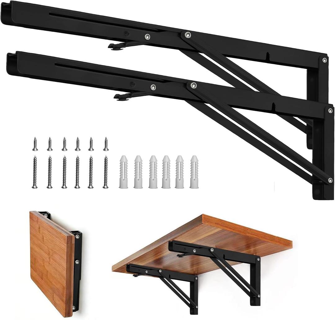Folding Shelf Brackets - Heavy Duty Metal Collapsible Shelf Bracket for Bench Table, Shelf Hinge Wall Mounted Space Saving DIY Bracket, Max Load: 150 lb (24 Inch, Black)