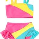 YOUNGER TREE Toddler Girls Two Pieces Swimsuit Color Block Stripe Swimwear Summer Beach Bathing Suit (18-24 Months, Pink Yellow)