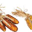 Set of 6 Glass Beaded Decorative Indian Corn - 5.5 Inches High Each - 2 Raffia Tied Sets in Gold and Orange Hues
