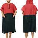 Surf Poncho Changing Robe Extra Large Thick Towel Poncho for Men Women with Hood Pocket for Beach Swimming, 47"x37", Black Coral Red