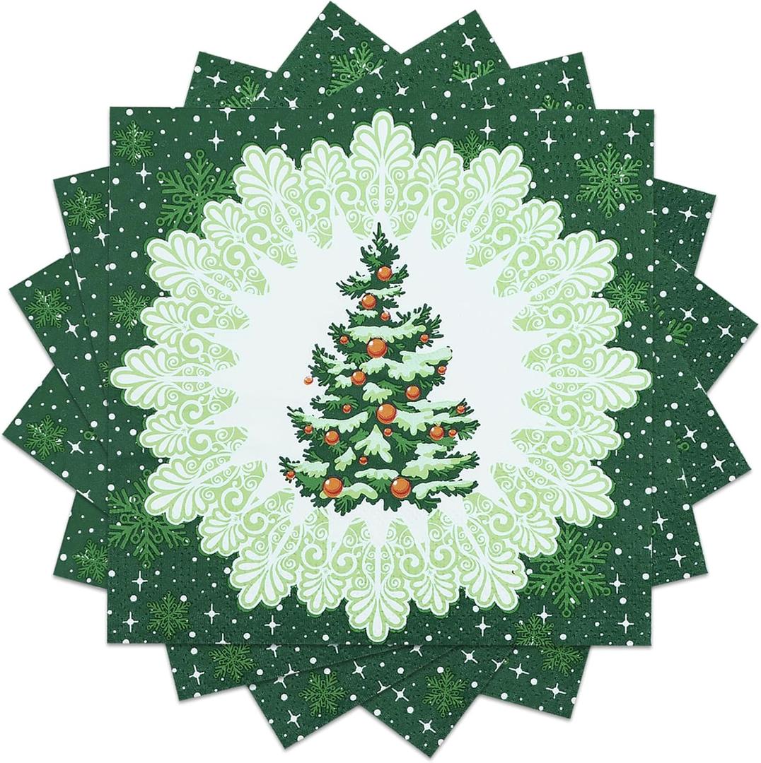 Christmas Paper Napkins Set 80 Pieces Green Christmas Tree 13in Paper Disposable Party Napkins, Vintage Dinner Napkins for Christmas Party, New Year Party 2025 Party Table Decorations