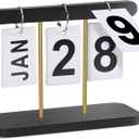 Wood & Metal Perpetual Flip Calendar, Reusable Wooden Desk Calendar Standing Flip, Countdown Daily Desk Desktop Accessories for Office Home Classroom Display Decor (Black)
