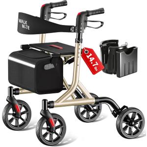 WALK MATE Rollator Walker for Seniors with Cup Holder, Upgraded Thumb Press Button for Height Adjustment, 8 Inch Wheels Walker with Seat Folding 14.7lb Lightweight Walking Aid, 300 lb Capacity, Gold