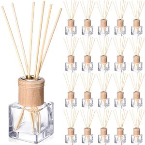 Roshtia 20 Set Reed Diffuser Bottle Empty Fragrance Glass Diffuser Bottles Refillable Diffuser Bottles Set with Wooden Caps and Rattan Sticks 50ml 1.7 Oz Diffuser Glass Jars for DIY Fragrance (Square)