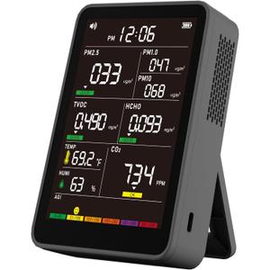 Professional Indoor Air Quality Monitor with AQI Alerts, Portable Real-Time Detector for Home, Car, Plants & Pets (Black)