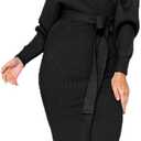 CHERFLY Women's V Neck Sweater Dresses Batwing Long Sleeve Backless Bodycon Long Dress with Belt (Black Beauty), XL