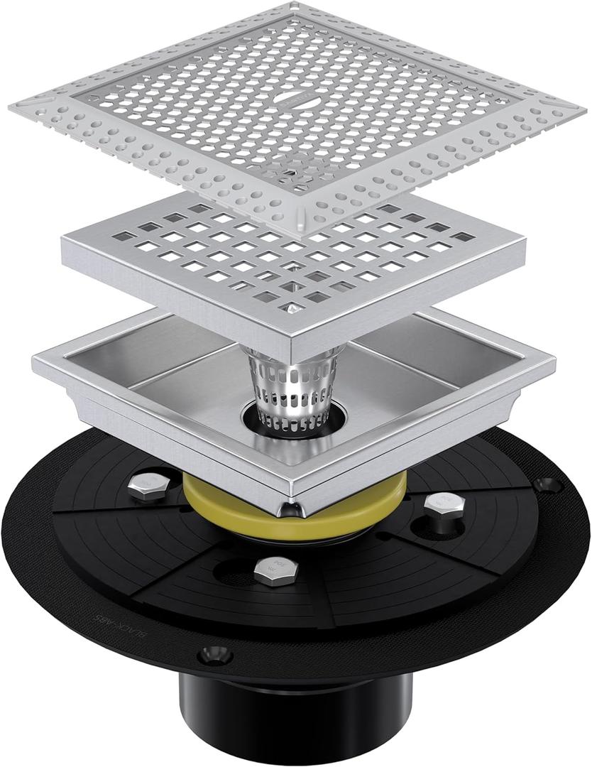 4 Inch Brushed Nickel Square Shower Drain Kit with Flange,Modern Floor Drain with Removable Quadrato Pattern Grate, Stainless Steel SUS 304