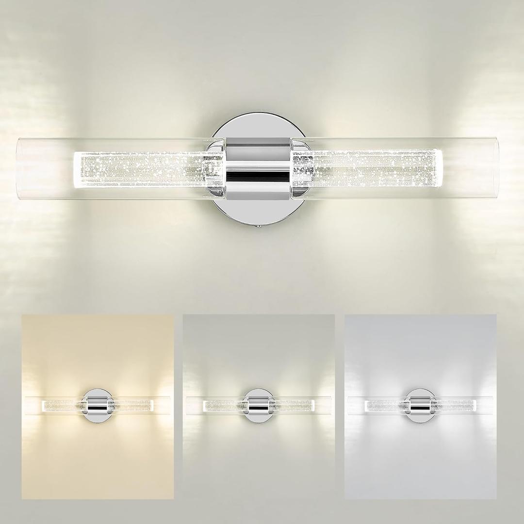 kudos Modern Sconces Wall Lighting, LED Bathroom Vanity Light Fixtures with Crystal Bubble and Clear Glass, 3000K/4500K/6000K Adjustable, KDVL05-CH-2 (1 Pack)