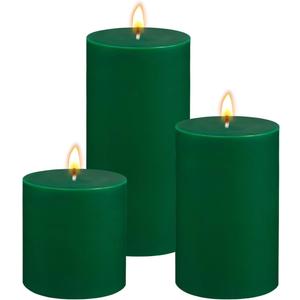 Green Unscented Pillar Candles 3-Pack  Dripless & Smokeless, Long-Burning Thick Candles (2",3",4" Heights) for Weddings, Home Decor & Serene Ambiance