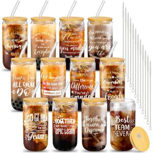 12 Set Employee Appreciation Gifts Appreciation Cups for Team Thank You Gifts Glass Cups for Staff Coworker 16 oz Can Shaped Beer Glass with Lids Straws Brushes(Mixed Style)