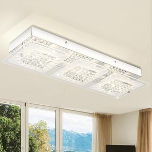 Crystal Flush Mount Ceiling Light Long Kitchen Lighting Fixtures Ceiling Rectangular Crystal Ceiling Light Fixture for Entryway, Foyer, Hallway, Bathroom, Brush Nickle 18 Inch, 18W Dimmable