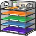 Cawukege 5 Tier Paper Organizer with Handle, Black Metal Mesh Desk Organizer File Folder Paper Letter Tray Desktop Document Sorter for Classroom, School, Office Accessories Organization and Storage