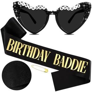 Hapdoo Birthday Baddie Sash and Sunglasses for Women, Black “BIRTHDAY BADDIE” Sash with Gold Foil for Girl, Happy Funny Birthday Decorations Baddie Accessories for Women Men Party Favors Supplies