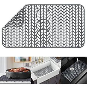 AWOKE Sink Protectors for Kitchen Sink - 29"x 15.35" Sink Mat - Heat-resistant Easy-clean Silicone Sink Mat - for Protection of Stainless Steel Sink - with 3 Reserved Holes (Grey)