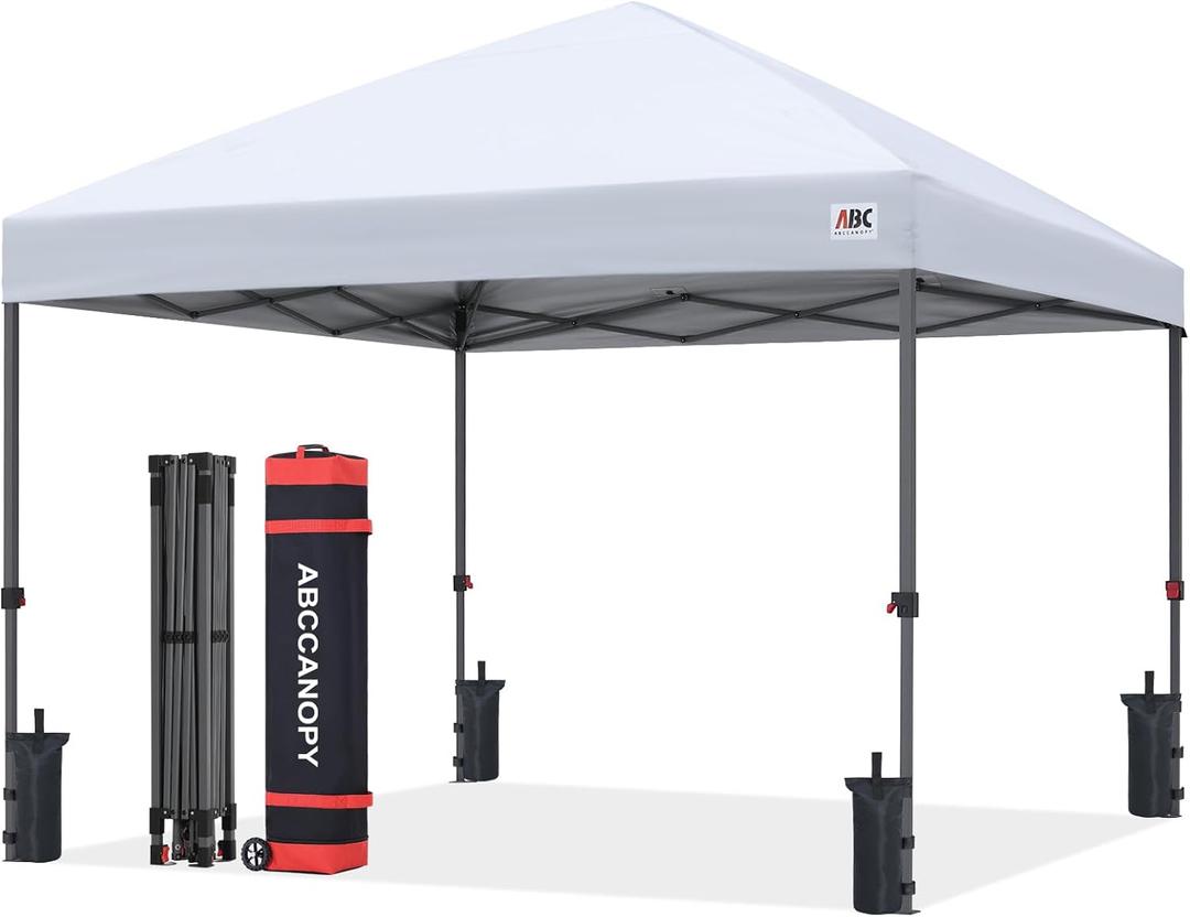 ABCCANOPY 10x10 Pop Up Canopy Tent, Easy Setup Instant Shelter with Wheeled Bag, Heavy Duty Outdoor Canopy for Beach, Market, Backyard, UV Protection, Outdoor Weather Protection (White, 10x10)