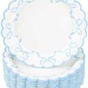 Elyxio Blue Bow Paper Plates Coquette Disposable Party Plates Scalloped Bowknot 7" Dessert Plate for Birthday Bridal Baby Shower Tableware Supply Table Decor