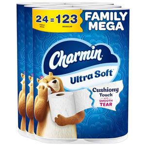 Charmin Ultra Soft Cushiony Touch Toilet Paper, 24 Family Mega = 123 Regular Rolls, White