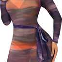 Sexy Long Sleeve Mini Dress for Women Sheer Mesh Printed Crew Neck Bodycon Party Clubwear See Through Dresses (Brown, M)