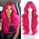 PARK YUN 31 Inch Long Wavy Hot Pink Wig for Women Heat Resistant Synthetic Hair Natural Look Cosplay Party Daily Use Fashion Colored Wig