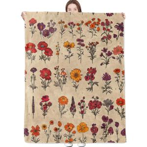 Vintage Floral Blanket Wildflower in Warm Color on Tan Background Throw Blankets Lightweight Flannel Throws for Camping Couch Office Botanical Retro Home Decor Gifts for Adults,60x50inch