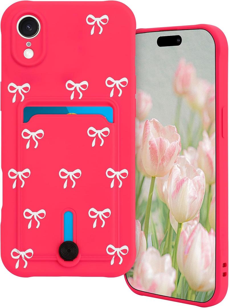 Jusy Compatible with iPhone XR Case with Card Holder, Cute Bow Design with Card Holder Phone Cover for Women Girls, Soft Silicone Protective Wallet Case - Hot Pink