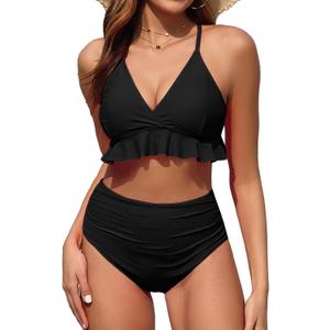 Tempt Me Women Two Piece Swimsuits High Waisted Bikini Set Ruffle Flounce Tummy Control Bottoms Bathing Suit (XX-Large, 0 Black)