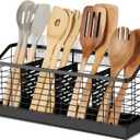 Large Stainless Steel Utensil Holder for Kitchen Counter, 4 Compartment Organizer for Cutlery, Forks, Knives, Spoons, Cooking Tools, Durable & Rustproof Cooking Utensils Storage Rack
