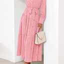 dowerme Women's Casual Dresses 2025 Fall Fashion Long Sleeve Button Up Floral Print Belted Tiered Boho Maxi Party Dress (Pink, S)