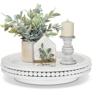 Farmhouse Countertop Organizer - Lazy Susan Turntable with Beads, 360 Degrees Rotating Display Stand for Spice Racks, Centerpiece Tray, White