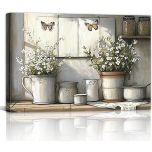 Rustic Kitchen Canvas Wall Art Vintage Farmhouse Pictures Wall Decor Country Painting Prints Farm Poster for Living Room Dining Room Restaurant Decor Framed(Kitchen-6,16L x 24W)