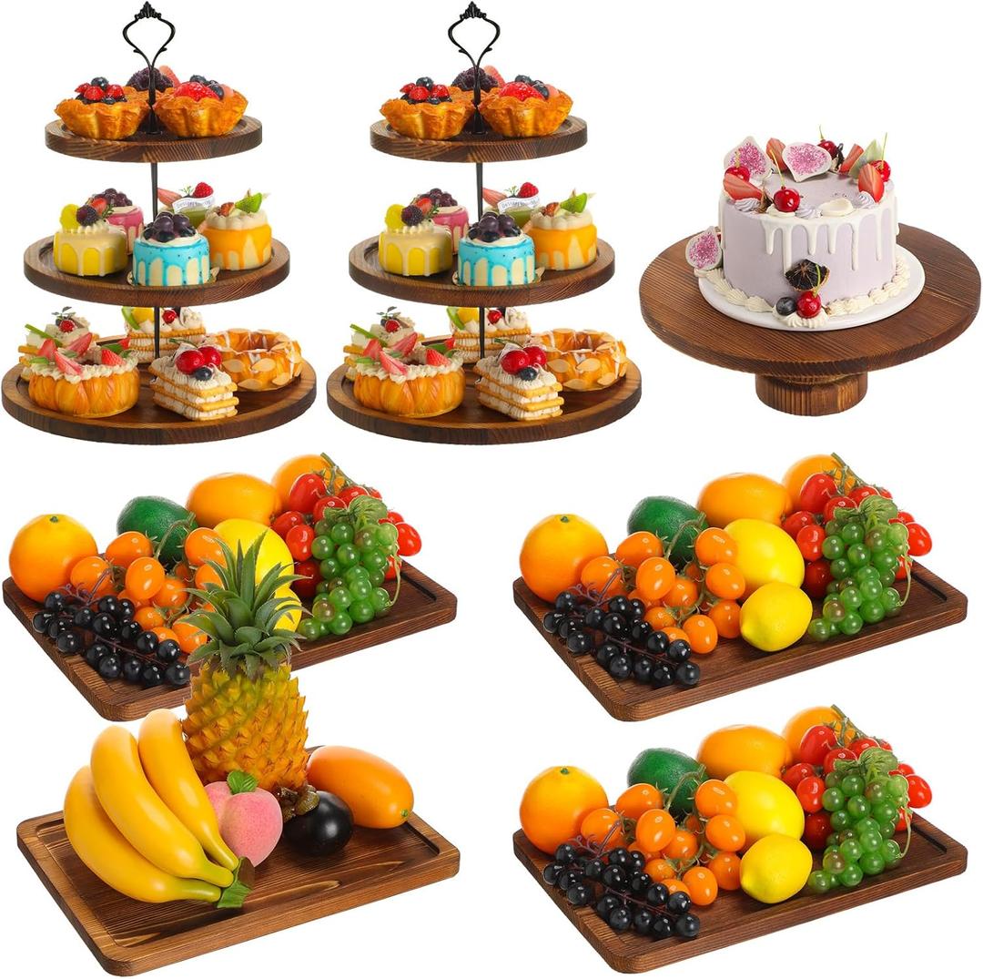 RattanView 7 Pcs Wood Dessert Table Display Set Wooden 3 Tie Cupcake Stands Rustic Round Cake Stand Wood Dessert Serving Trays for Wedding Baby Shower Birthday Tea Party (Brown)