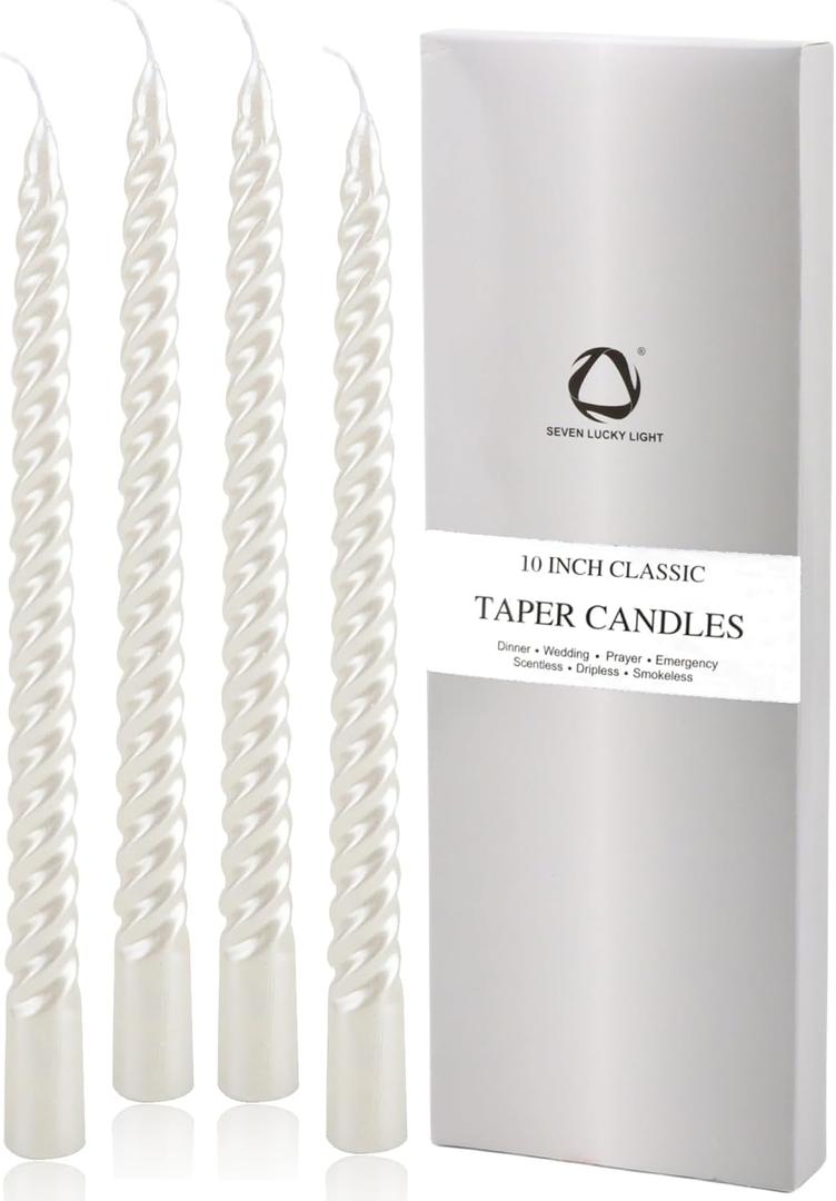 SEVEN LUCKY LIGHT 10 Inch Spiral White Taper Candles Set of 4, Metallic Finish Dripless Candlesticks, 8+ hrs Smokeless Clean Burning for Christmas, Home, Dinner, Wedding & Church Decor