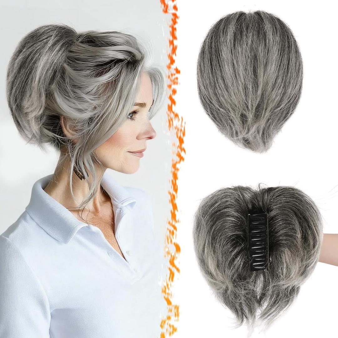 BARSDAR Claw Clip Short Human Hair Ponytail Extension - DIY Styles 8 Inch Real Human Hair Gray Messy Bun Hairpieces for Women - Thick Natural Short Ponytail with Bendable Metals Daily Wear