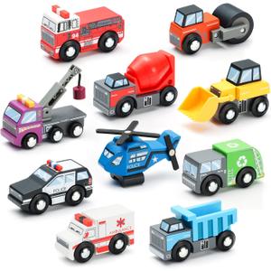 SainSmart Jr. Wooden Train Set Accessories Toy Cars (10 PCS), Compatible with All Major Brands, Gift for Toddlers and Kids Aged 3+