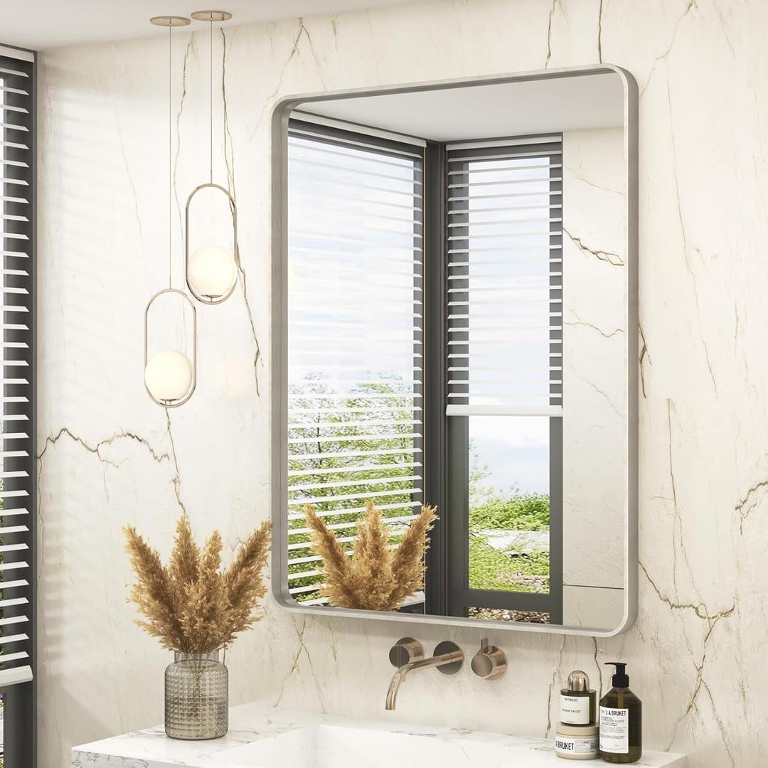 28x36 Inch Brushed Nickel Bathroom Mirror, Brushed Silver Metal Framed Wall Mirror, Rounded Rectangle Bathroom Vanity Mirror, Anti-Rust, Shatterproof (Horizontal/Vertical)