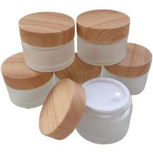 1 Oz Frosted Glass Cosmetic Containers with Wood Grain Lids, 30ml Travel Empty Makeup Jar Pot Box